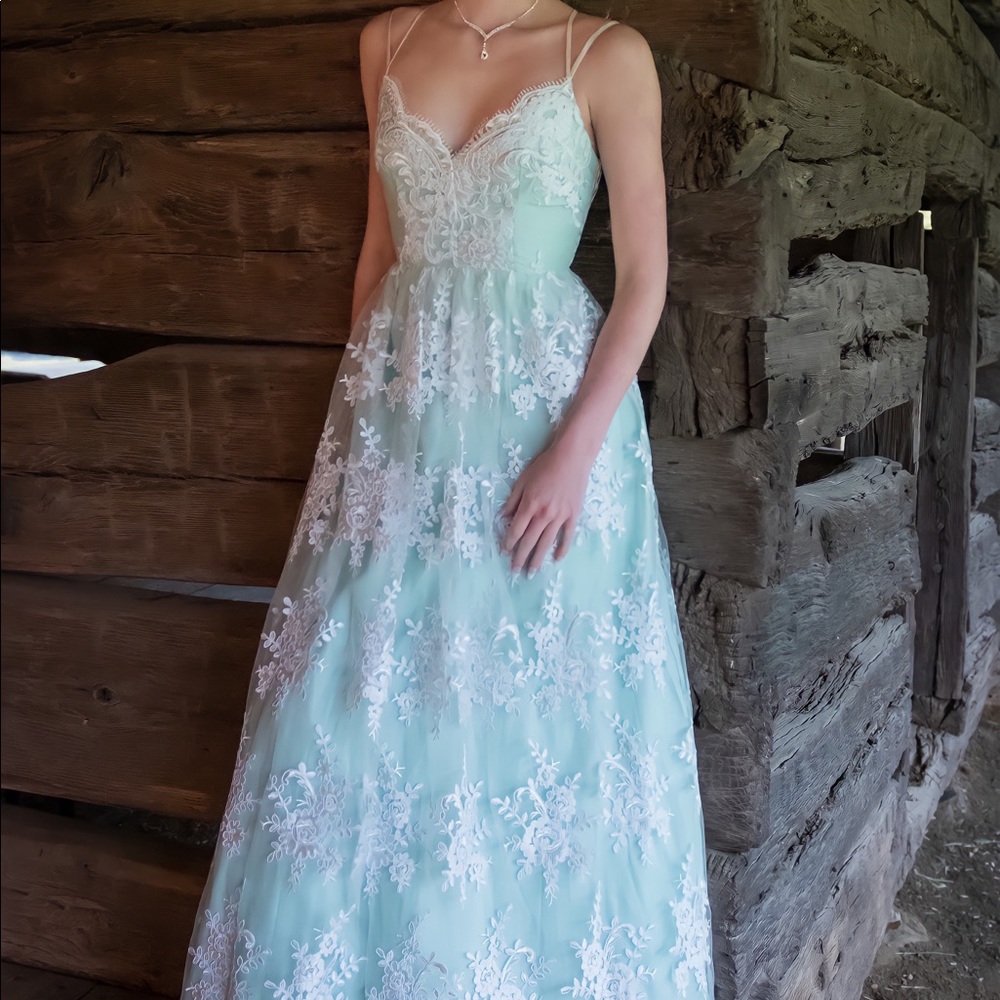 Mint & White Lace Prom Dress